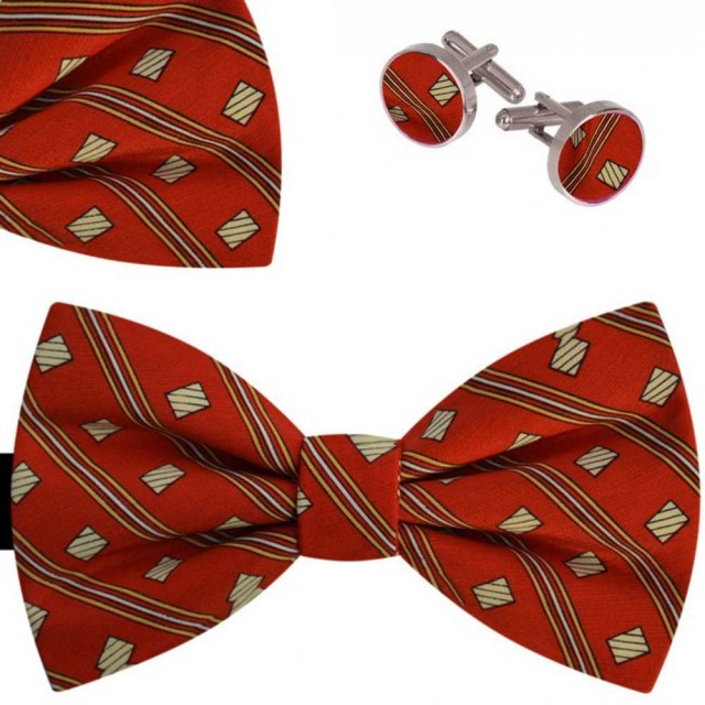 Set papion barbati, batista, butoni, rosu mac imprimeu patratele 
